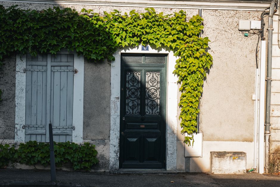 Façade de maison ancienne à porte verte et volets, achat immobilier sécurisé par un notaire à Bessières